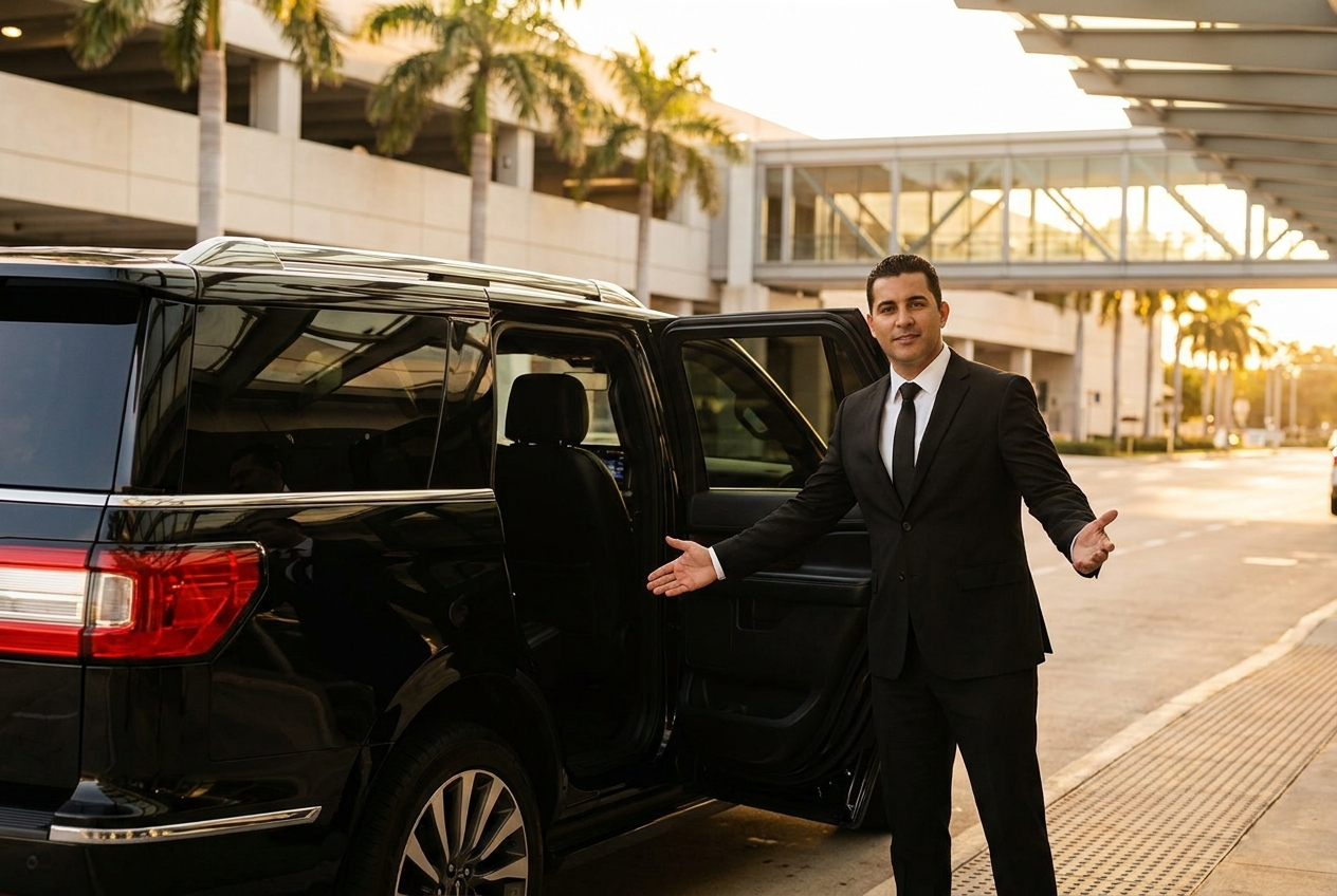 Premium Lane chauffeur holding the rear door of a black luxury sedan