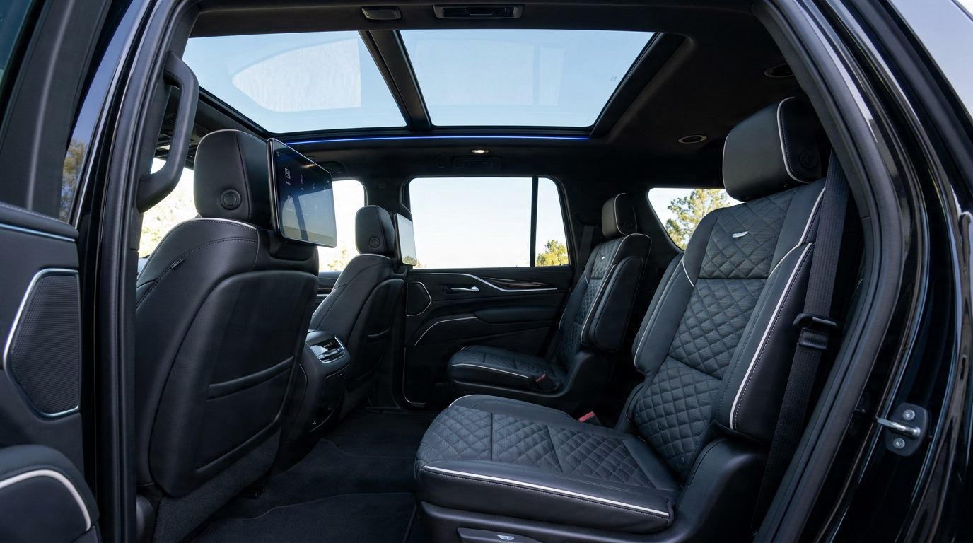 Rear cabin of a Premium Lane First Class SUV — quilted black leather and panoramic roof