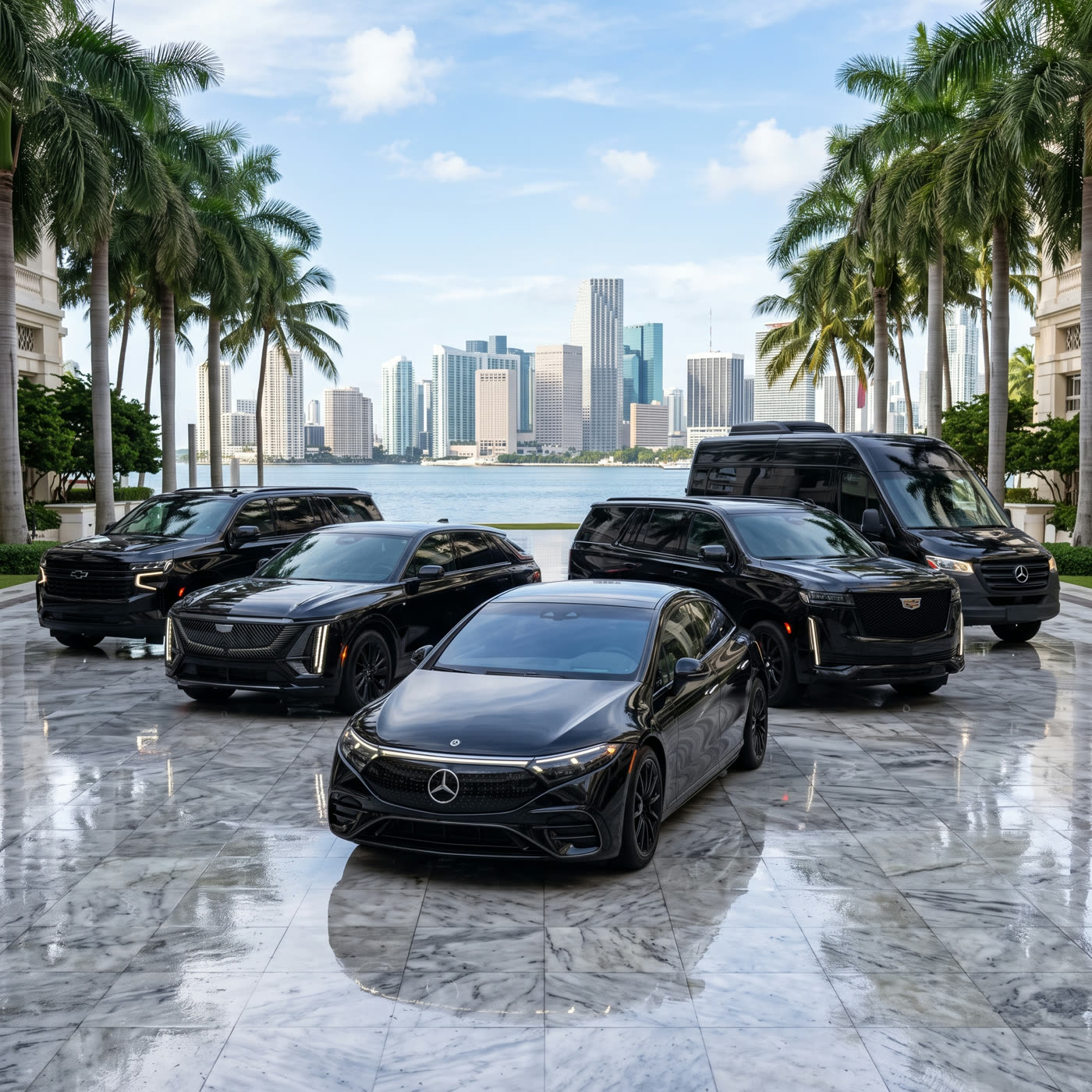 MIUUM's fleet in Miami, black on black: Cadillac Vistiq, Chevrolet Suburban, Mercedes-Benz EQS, Cadillac Escalade, and Mercedes-Benz Sprinter