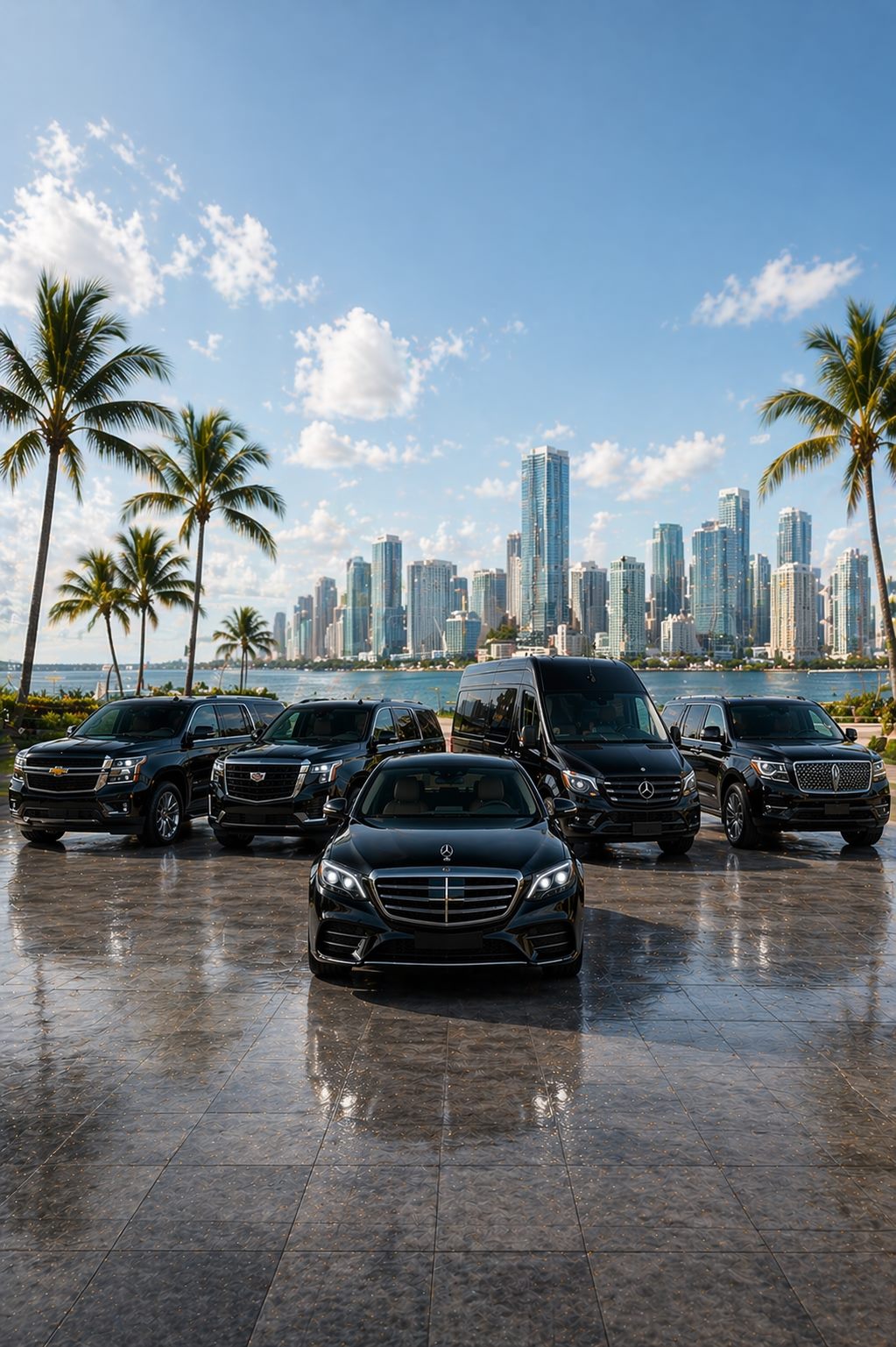 Premium Lane's black fleet lined up against the Miami skyline